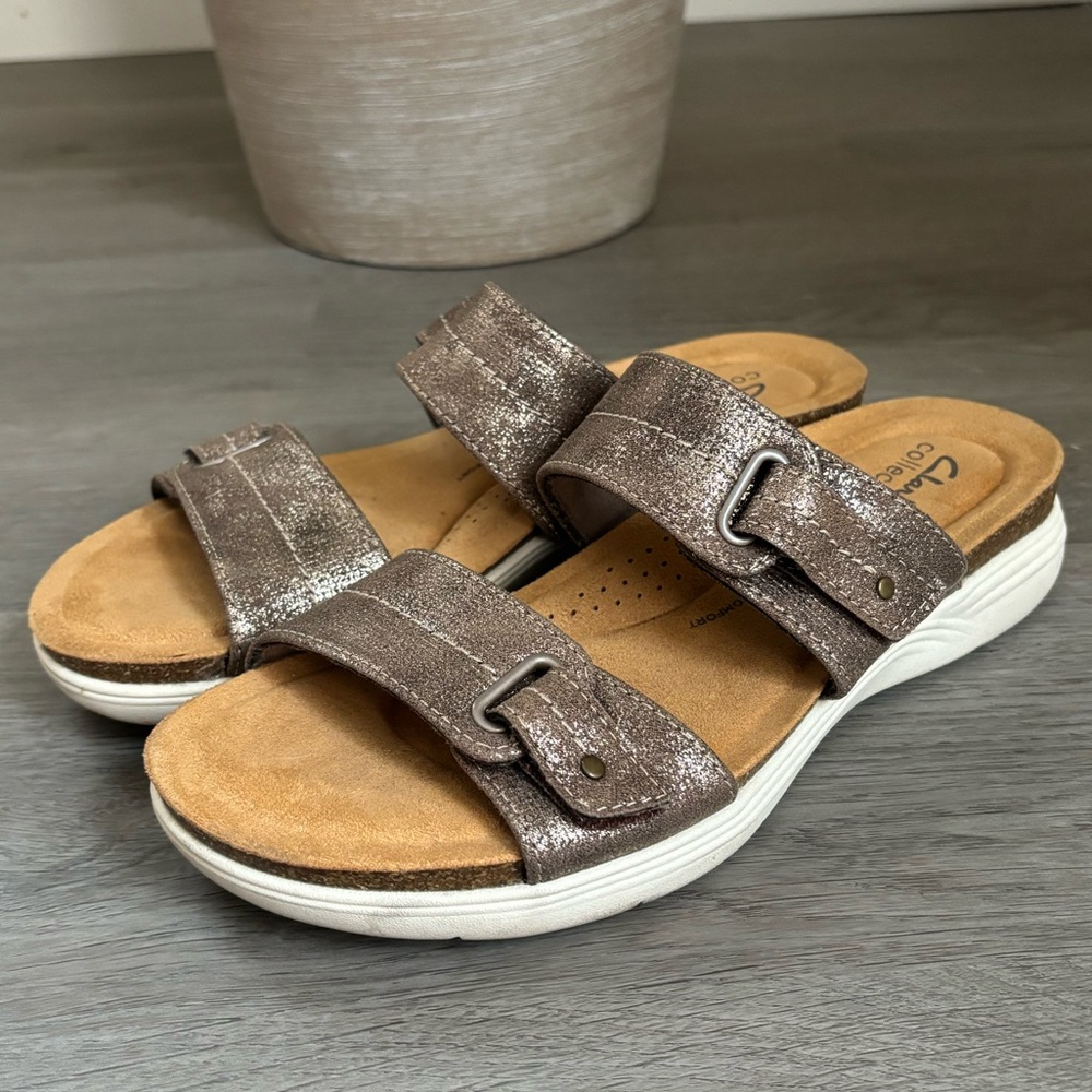 Clarks Collection Women’s Size 7.5N April Dusk Adjustable Brown Slide Sandals